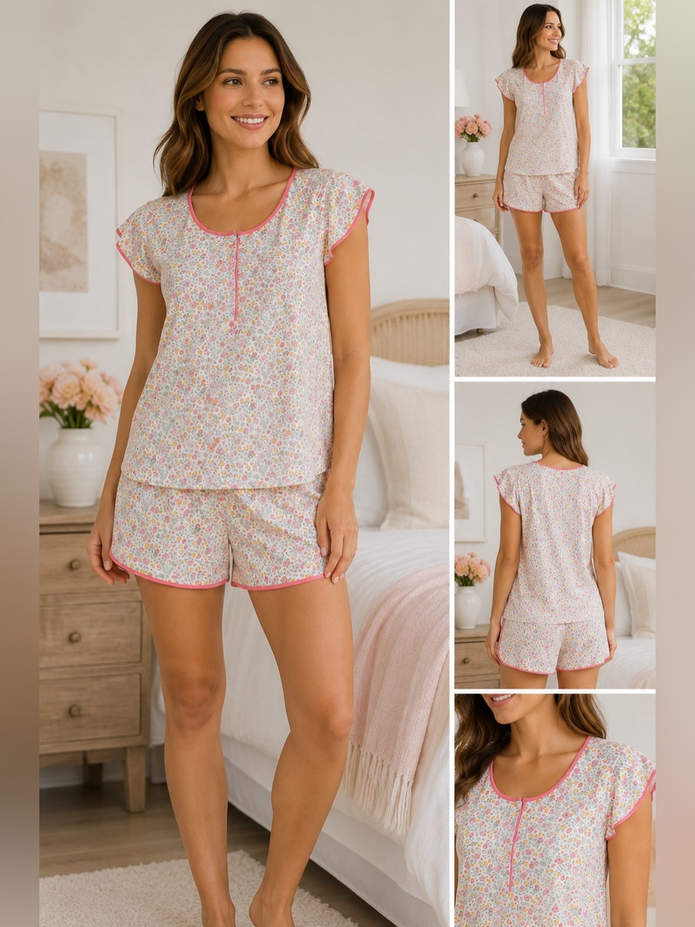 Lake Pajamas Floral Pima Cotton Lounge Set Pink Trim Cottagecore Medium